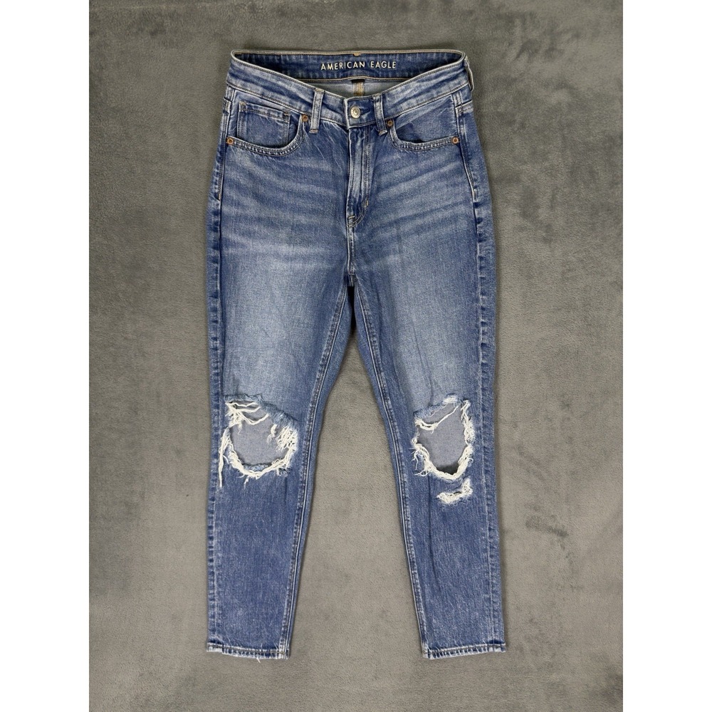 American Eagle Jeans Womens 2 Blue Distressed Medium Wash Denim High Rise Mom